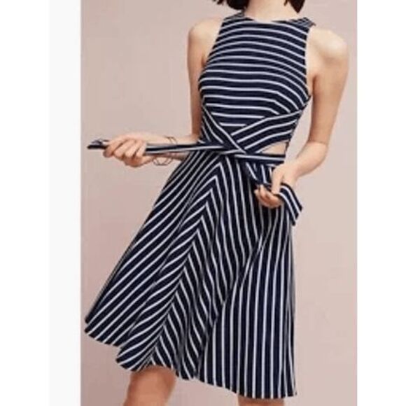 Anthropologie X Hutch Kinsley Blue/White Striped Cutout chevron Dress XS tie - Picture 1 of 13